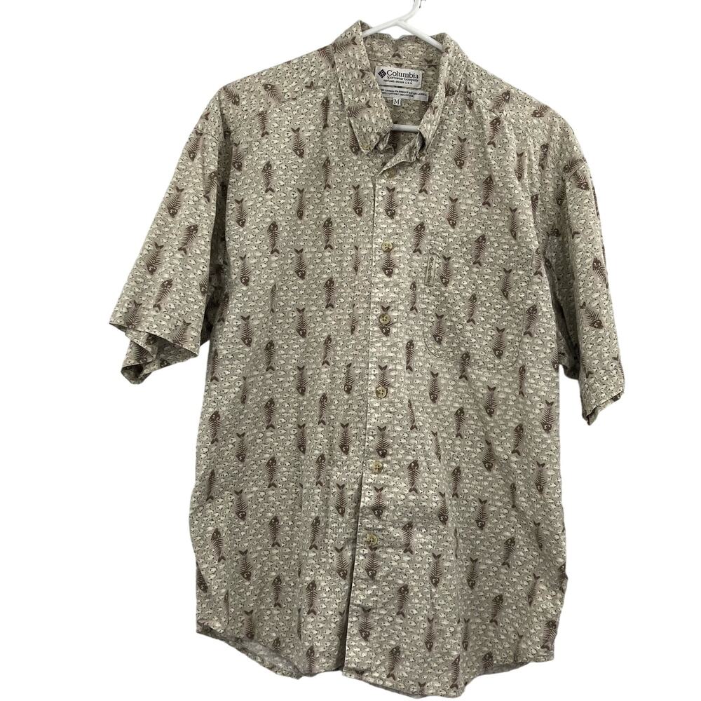 Vintage Y2K Columbia Button-Down Skeleton Fish Shirt Hipster Camping Outdoors M